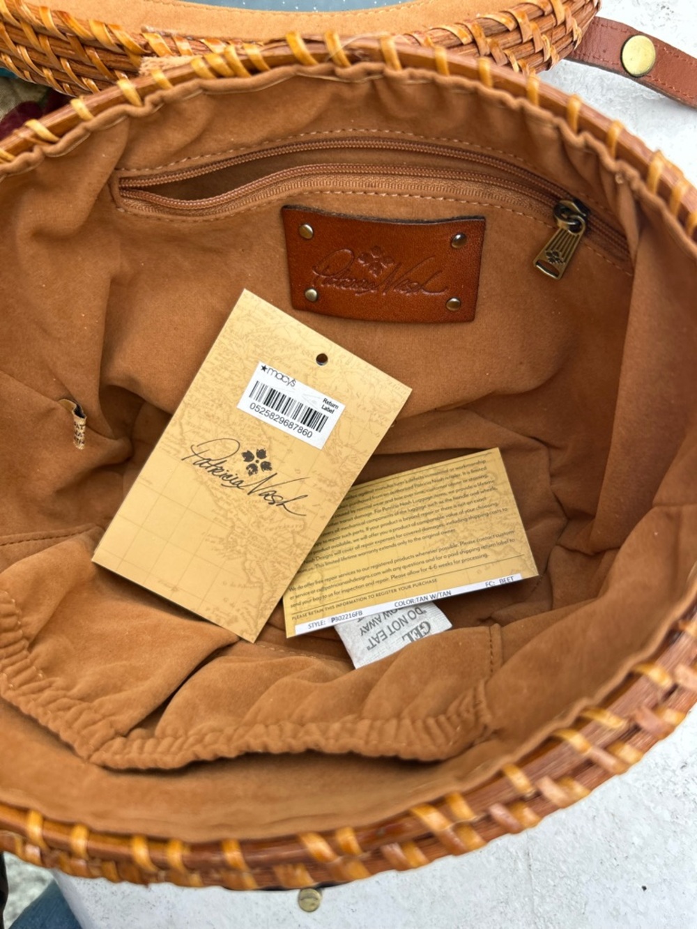 Patricia Nash Tan Woven wicker Leather with Suede style lining bag bucket purse - Picture 13 of 15